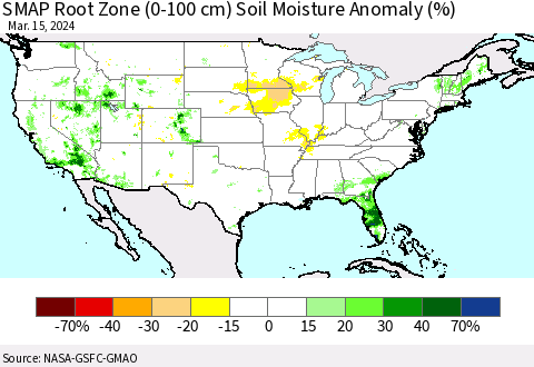 United States SMAP Root Zone (0-100 cm) Soil Moisture Anomaly (%) Thematic Map For 3/11/2024 - 3/15/2024
