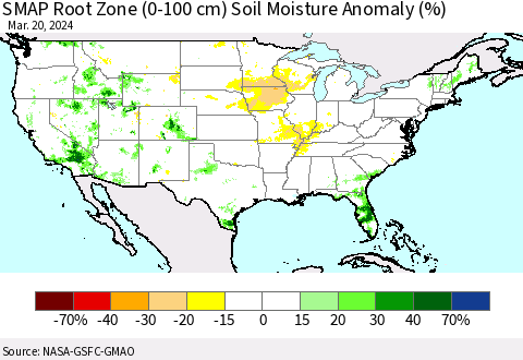United States SMAP Root Zone (0-100 cm) Soil Moisture Anomaly (%) Thematic Map For 3/16/2024 - 3/20/2024