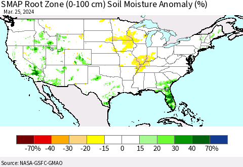 United States SMAP Root Zone (0-100 cm) Soil Moisture Anomaly (%) Thematic Map For 3/21/2024 - 3/25/2024