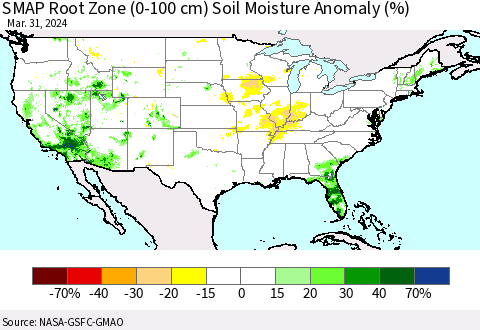 United States SMAP Root Zone (0-100 cm) Soil Moisture Anomaly (%) Thematic Map For 3/26/2024 - 3/31/2024