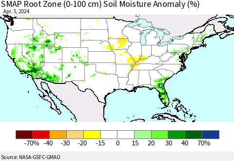 United States SMAP Root Zone (0-100 cm) Soil Moisture Anomaly (%) Thematic Map For 4/1/2024 - 4/5/2024