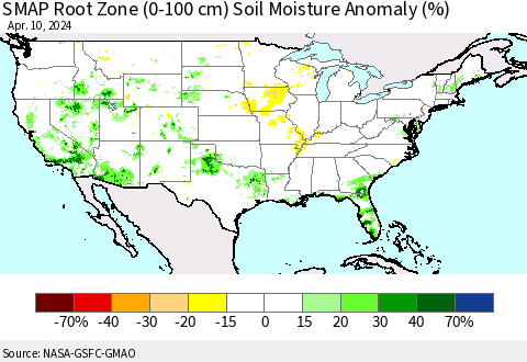 United States SMAP Root Zone (0-100 cm) Soil Moisture Anomaly (%) Thematic Map For 4/6/2024 - 4/10/2024