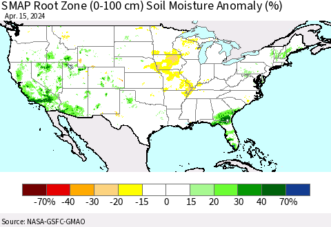 United States SMAP Root Zone (0-100 cm) Soil Moisture Anomaly (%) Thematic Map For 4/11/2024 - 4/15/2024