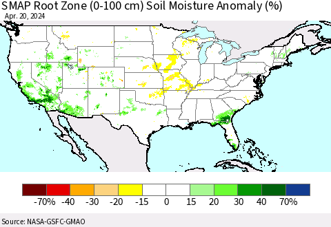 United States SMAP Root Zone (0-100 cm) Soil Moisture Anomaly (%) Thematic Map For 4/16/2024 - 4/20/2024
