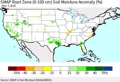United States SMAP Root Zone (0-100 cm) Soil Moisture Anomaly (%) Thematic Map For 5/1/2024 - 5/5/2024