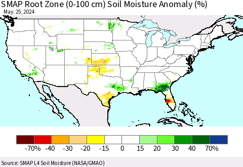 United States SMAP Root Zone (0-100 cm) Soil Moisture Anomaly (%) Thematic Map For 5/21/2024 - 5/25/2024