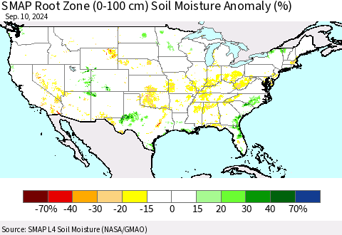United States SMAP Root Zone (0-100 cm) Soil Moisture Anomaly (%) Thematic Map For 9/6/2024 - 9/10/2024