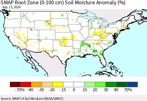 United States SMAP Root Zone (0-100 cm) Soil Moisture Anomaly (%) Thematic Map For 9/11/2024 - 9/15/2024