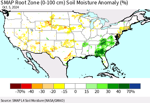 United States SMAP Root Zone (0-100 cm) Soil Moisture Anomaly (%) Thematic Map For 10/1/2024 - 10/5/2024