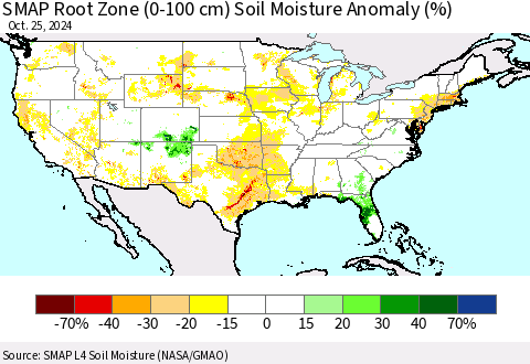 United States SMAP Root Zone (0-100 cm) Soil Moisture Anomaly (%) Thematic Map For 10/21/2024 - 10/25/2024