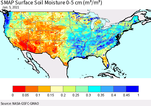 United States SMAP Surface (0-5 cm) Soil Moisture (m³/m³) Thematic Map For 1/1/2021 - 1/5/2021