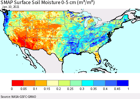 United States SMAP Surface (0-5 cm) Soil Moisture (m³/m³) Thematic Map For 1/6/2021 - 1/10/2021