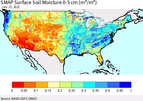 United States SMAP Surface (0-5 cm) Soil Moisture (m³/m³) Thematic Map For 1/11/2021 - 1/15/2021