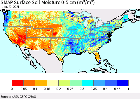 United States SMAP Surface (0-5 cm) Soil Moisture (m³/m³) Thematic Map For 1/16/2021 - 1/20/2021