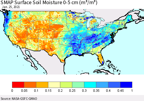 United States SMAP Surface (0-5 cm) Soil Moisture (m³/m³) Thematic Map For 1/21/2021 - 1/25/2021