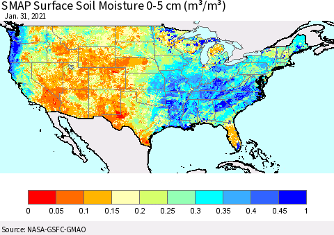 United States SMAP Surface (0-5 cm) Soil Moisture (m³/m³) Thematic Map For 1/26/2021 - 1/31/2021