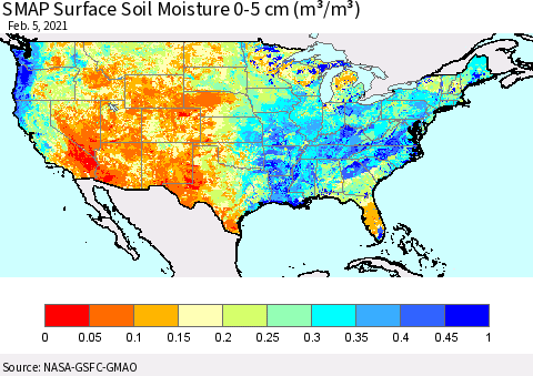 United States SMAP Surface (0-5 cm) Soil Moisture (m³/m³) Thematic Map For 2/1/2021 - 2/5/2021