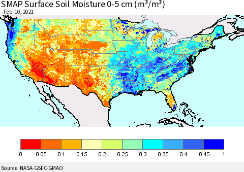 United States SMAP Surface (0-5 cm) Soil Moisture (m³/m³) Thematic Map For 2/6/2021 - 2/10/2021