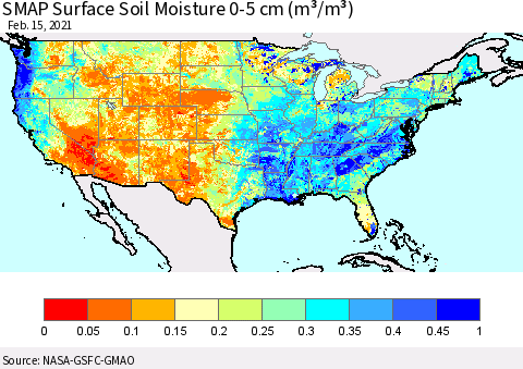 United States SMAP Surface (0-5 cm) Soil Moisture (m³/m³) Thematic Map For 2/11/2021 - 2/15/2021