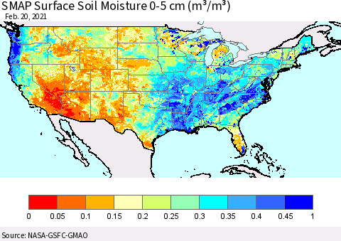 United States SMAP Surface (0-5 cm) Soil Moisture (m³/m³) Thematic Map For 2/16/2021 - 2/20/2021