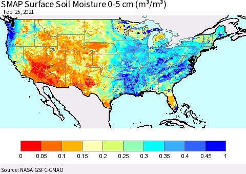 United States SMAP Surface (0-5 cm) Soil Moisture (m³/m³) Thematic Map For 2/21/2021 - 2/25/2021