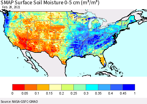United States SMAP Surface (0-5 cm) Soil Moisture (m³/m³) Thematic Map For 2/26/2021 - 2/28/2021