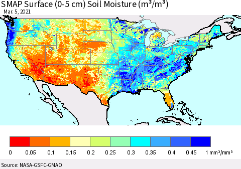 United States SMAP Surface (0-5 cm) Soil Moisture (m³/m³) Thematic Map For 3/1/2021 - 3/5/2021