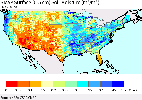 United States SMAP Surface (0-5 cm) Soil Moisture (m³/m³) Thematic Map For 3/6/2021 - 3/10/2021