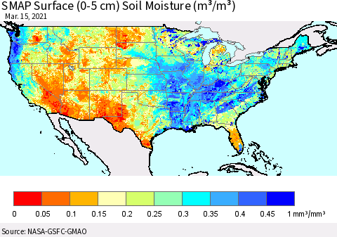 United States SMAP Surface (0-5 cm) Soil Moisture (m³/m³) Thematic Map For 3/11/2021 - 3/15/2021