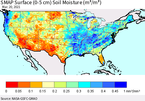 United States SMAP Surface (0-5 cm) Soil Moisture (m³/m³) Thematic Map For 3/16/2021 - 3/20/2021