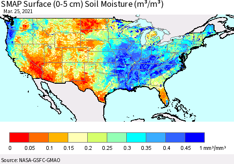 United States SMAP Surface (0-5 cm) Soil Moisture (m³/m³) Thematic Map For 3/21/2021 - 3/25/2021