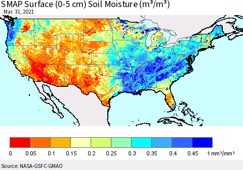 United States SMAP Surface (0-5 cm) Soil Moisture (m³/m³) Thematic Map For 3/26/2021 - 3/31/2021
