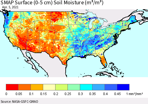 United States SMAP Surface (0-5 cm) Soil Moisture (m³/m³) Thematic Map For 4/1/2021 - 4/5/2021