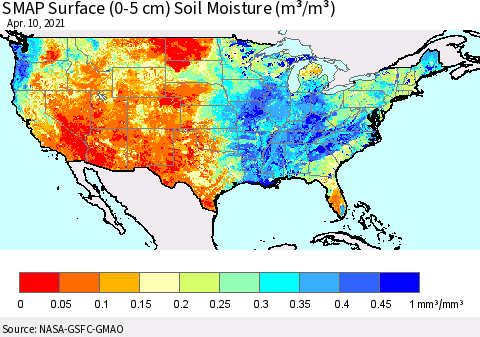 United States SMAP Surface (0-5 cm) Soil Moisture (m³/m³) Thematic Map For 4/6/2021 - 4/10/2021