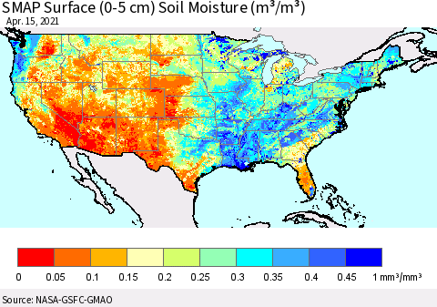 United States SMAP Surface (0-5 cm) Soil Moisture (m³/m³) Thematic Map For 4/11/2021 - 4/15/2021