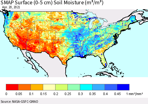 United States SMAP Surface (0-5 cm) Soil Moisture (m³/m³) Thematic Map For 4/16/2021 - 4/20/2021