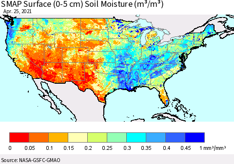 United States SMAP Surface (0-5 cm) Soil Moisture (m³/m³) Thematic Map For 4/21/2021 - 4/25/2021