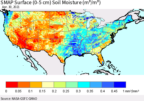 United States SMAP Surface (0-5 cm) Soil Moisture (m³/m³) Thematic Map For 4/26/2021 - 4/30/2021