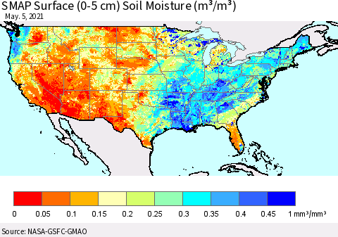 United States SMAP Surface (0-5 cm) Soil Moisture (m³/m³) Thematic Map For 5/1/2021 - 5/5/2021