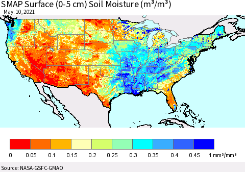 United States SMAP Surface (0-5 cm) Soil Moisture (m³/m³) Thematic Map For 5/6/2021 - 5/10/2021