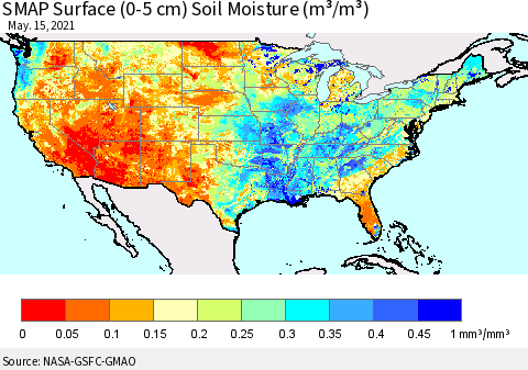 United States SMAP Surface (0-5 cm) Soil Moisture (m³/m³) Thematic Map For 5/11/2021 - 5/15/2021