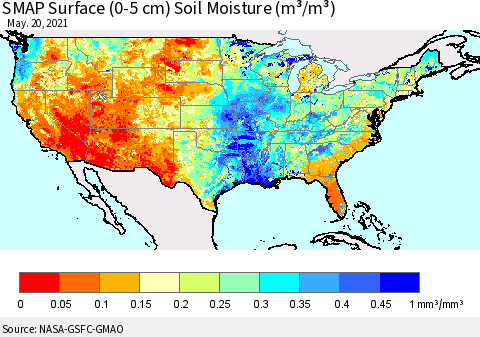 United States SMAP Surface (0-5 cm) Soil Moisture (m³/m³) Thematic Map For 5/16/2021 - 5/20/2021