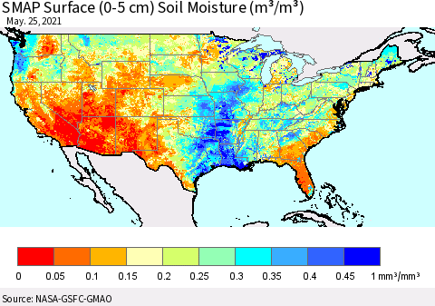United States SMAP Surface (0-5 cm) Soil Moisture (m³/m³) Thematic Map For 5/21/2021 - 5/25/2021