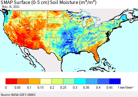 United States SMAP Surface (0-5 cm) Soil Moisture (m³/m³) Thematic Map For 5/26/2021 - 5/31/2021