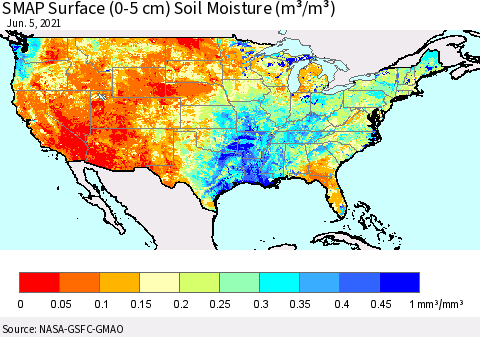 United States SMAP Surface (0-5 cm) Soil Moisture (m³/m³) Thematic Map For 6/1/2021 - 6/5/2021