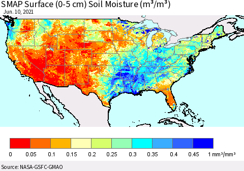 United States SMAP Surface (0-5 cm) Soil Moisture (m³/m³) Thematic Map For 6/6/2021 - 6/10/2021