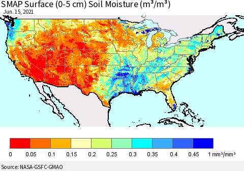 United States SMAP Surface (0-5 cm) Soil Moisture (m³/m³) Thematic Map For 6/11/2021 - 6/15/2021