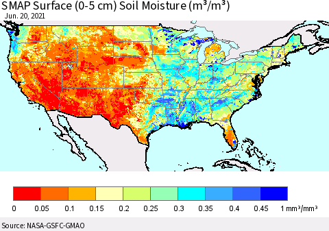 United States SMAP Surface (0-5 cm) Soil Moisture (m³/m³) Thematic Map For 6/16/2021 - 6/20/2021