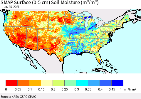 United States SMAP Surface (0-5 cm) Soil Moisture (m³/m³) Thematic Map For 6/21/2021 - 6/25/2021
