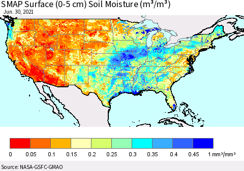 United States SMAP Surface (0-5 cm) Soil Moisture (m³/m³) Thematic Map For 6/26/2021 - 6/30/2021